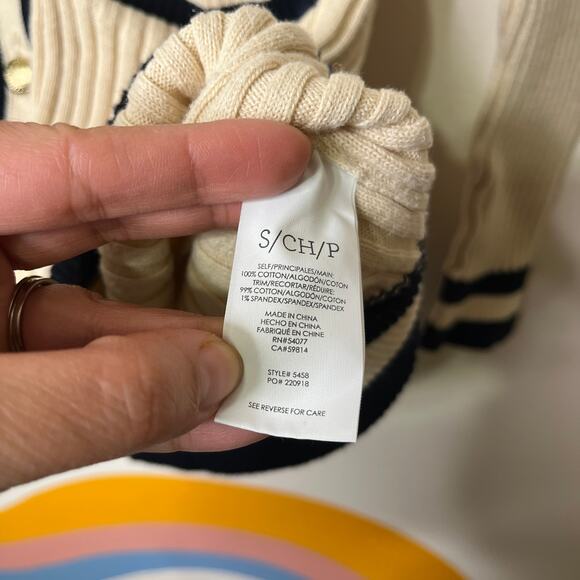 Cabi Women's Small Ribbed Knit Cardigan Sweater Cream Navy Striped Old Money - Picture 5 of 6